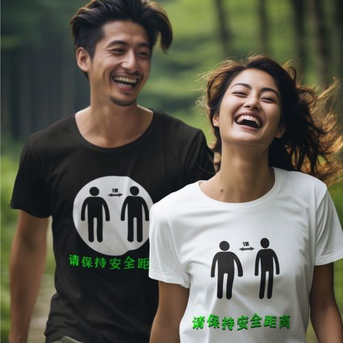 Keep-a-safe-distance-chinese-t-shirt-mockup-of-a-man-and-a-woman-hiking-through-a-forest